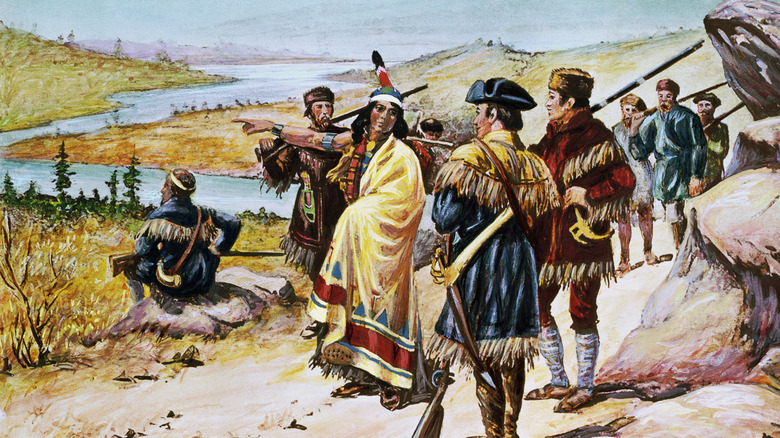 Ilustración de Sacagawea guiando la expedición de Lewis y Clark