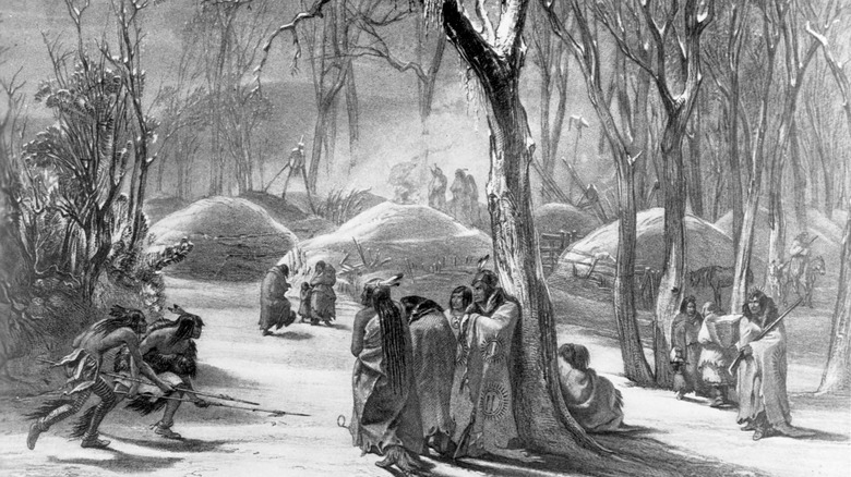 Ilustración de una aldea Hidatsa en Dakota del Norte