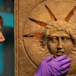 Conservador del Museo Nacional de Escocia examinando uno de los altares romanos de Mitra hallados en Inveresk, Escocia