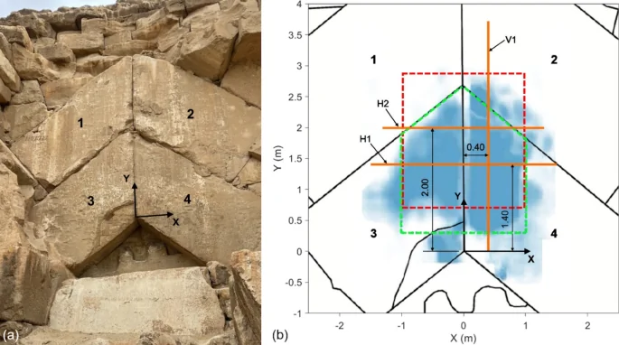 Zona del chevrón de la Gran Pirámide de Guiza estudiada por el proyecto ScanPyramids