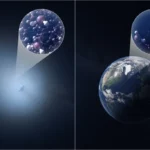 Ilustración comparativa del cometa interestelar 3I/ATLAS frente a la Tierra