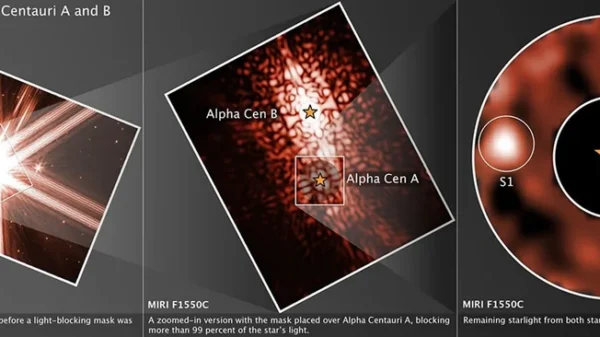 Imagen de Webb MIRI del sistema Alpha Centauri que muestra la zona de búsqueda del candidato S1 junto a Alpha Centauri A