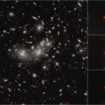 Imagen oficial de Webb que muestra el Little Red Dot Abell2744-QSO1 ampliado por lente gravitatoria en tres posiciones