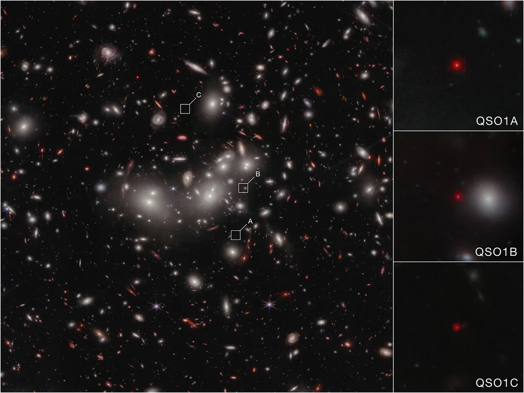 Imagen oficial de Webb que muestra el Little Red Dot Abell2744-QSO1 ampliado por lente gravitatoria en tres posiciones