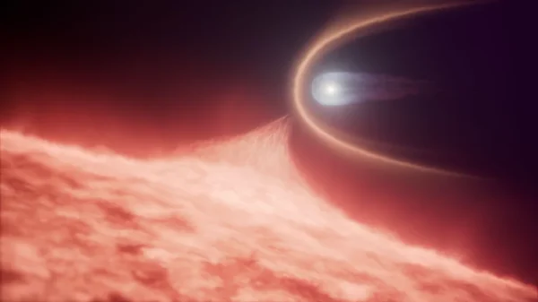 Ilustración oficial de una enana blanca fusionándose con otra estrella, usada por NASA y ESA para explicar el caso de WD 0525+526