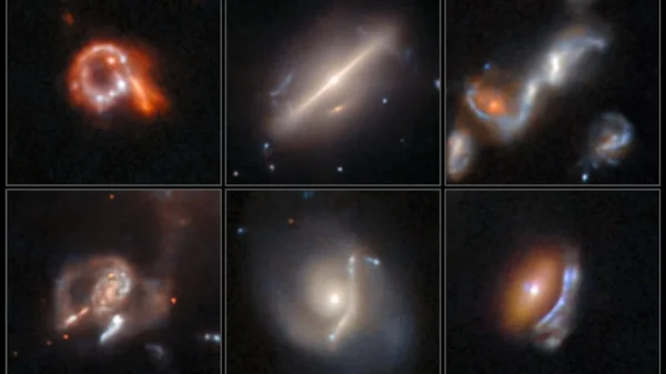 Seis imágenes de galaxias distorsionadas del archivo de Hubble utilizadas para ilustrar anomalías cósmicas detectadas con inteligencia artificial.