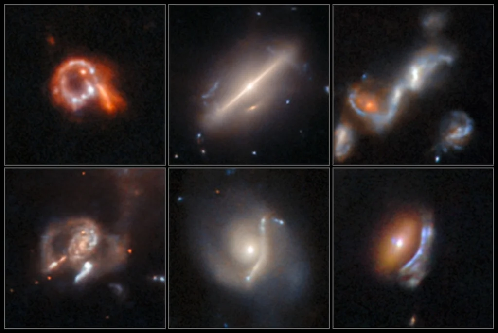 Seis imágenes de galaxias distorsionadas del archivo de Hubble utilizadas para ilustrar anomalías cósmicas detectadas con inteligencia artificial.