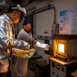 Investigadores de la NASA extraen una muestra del nuevo material estudiado para resistir regolito lunar fundido
