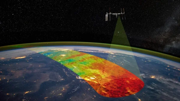 Ilustración de la misión AWE observando la alta atmósfera terrestre desde la Estación Espacial Internacional