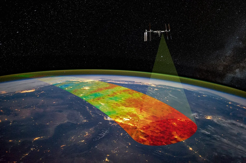 Ilustración oficial de la misión AWE observando la alta atmósfera terrestre desde la Estación Espacial Internacional