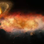 Ilustración difundida por Gemini Observatory y NSF NOIRLab del gran disco o nube que oscureció la estrella J0705+0612