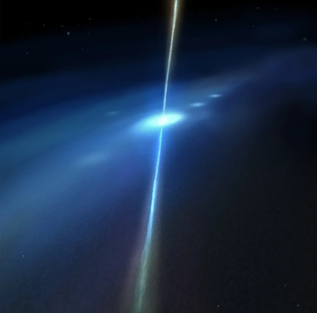 Ilustración artística del escenario propuesto para GRB 230906A, un estallido gamma asociado a una galaxia enana oculta.