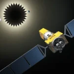 Concepto artístico de un starshade bloqueando la luz de una estrella para observar exoplanetas