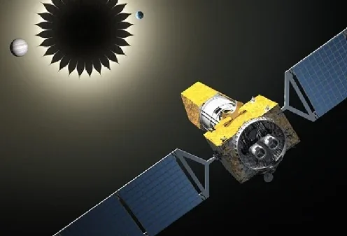 Concepto artístico de un starshade bloqueando la luz de una estrella para observar exoplanetas