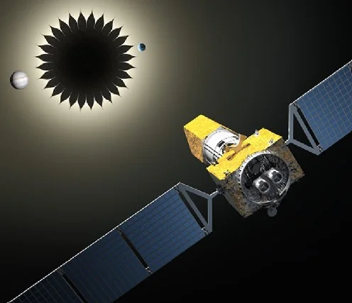 Concepto artístico de un starshade bloqueando la luz de una estrella para observar exoplanetas