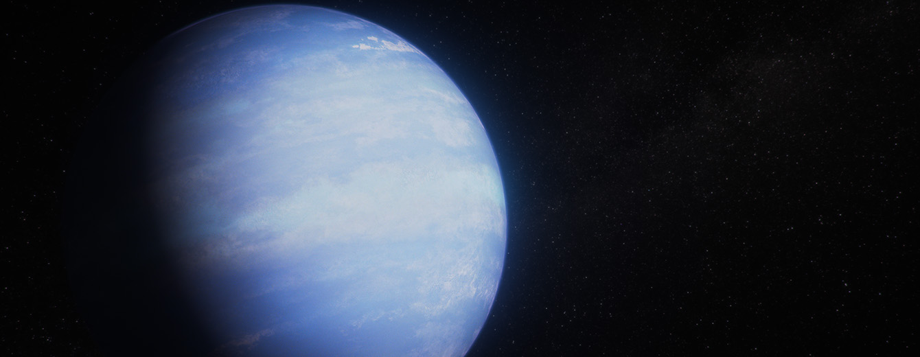 Ilustración artística del exoplaneta WASP-107 b con su atmósfera extendida