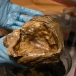 Un técnico sostiene el orbe dorado en el laboratorio del Smithsonian