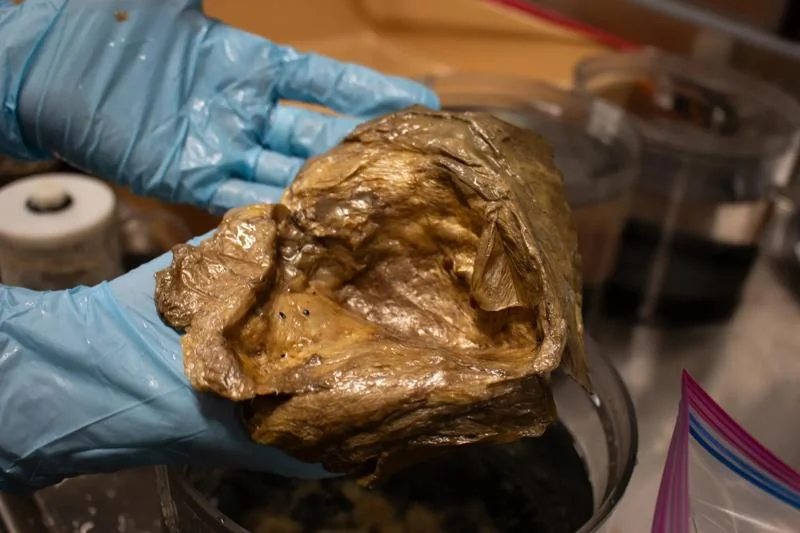 Un técnico sostiene el orbe dorado en el laboratorio del Smithsonian