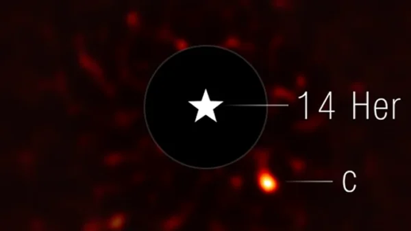 Imagen directa de 14 Herculis c captada por Webb con NIRCam, con la estrella bloqueada por un coronógrafo.
