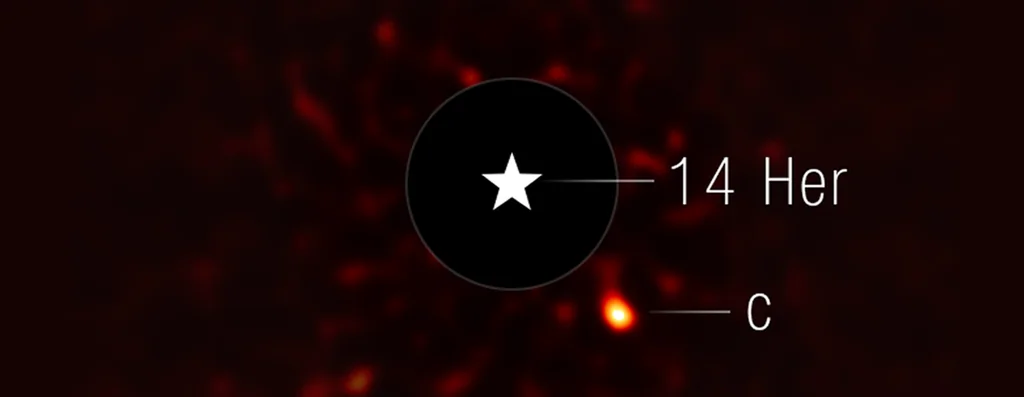 Imagen directa de 14 Herculis c captada por Webb con NIRCam, con la estrella bloqueada por un coronógrafo.