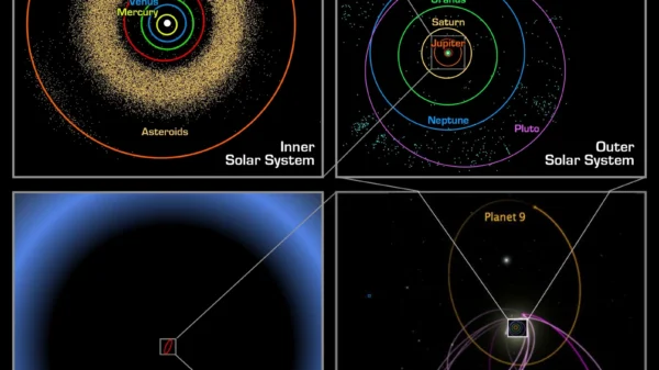 Ilustracion institucional de Caltech que muestra la orbita de Sedna y la orbita propuesta del Planeta Nueve en el Sistema Solar exterior.