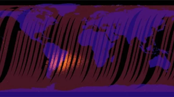 Imagen del instrumento MISR a bordo del satélite Terra de la NASA que muestra la extensión de la Anomalía del Atlántico Sur sobre Sudamérica y el océano Atlántico austral.