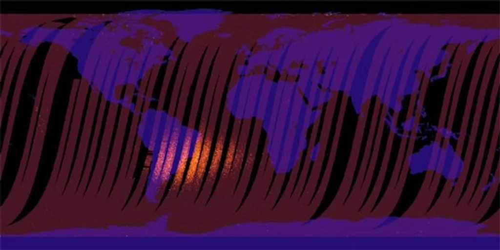 Imagen del instrumento MISR a bordo del satélite Terra de la NASA que muestra la extensión de la Anomalía del Atlántico Sur sobre Sudamérica y el océano Atlántico austral.