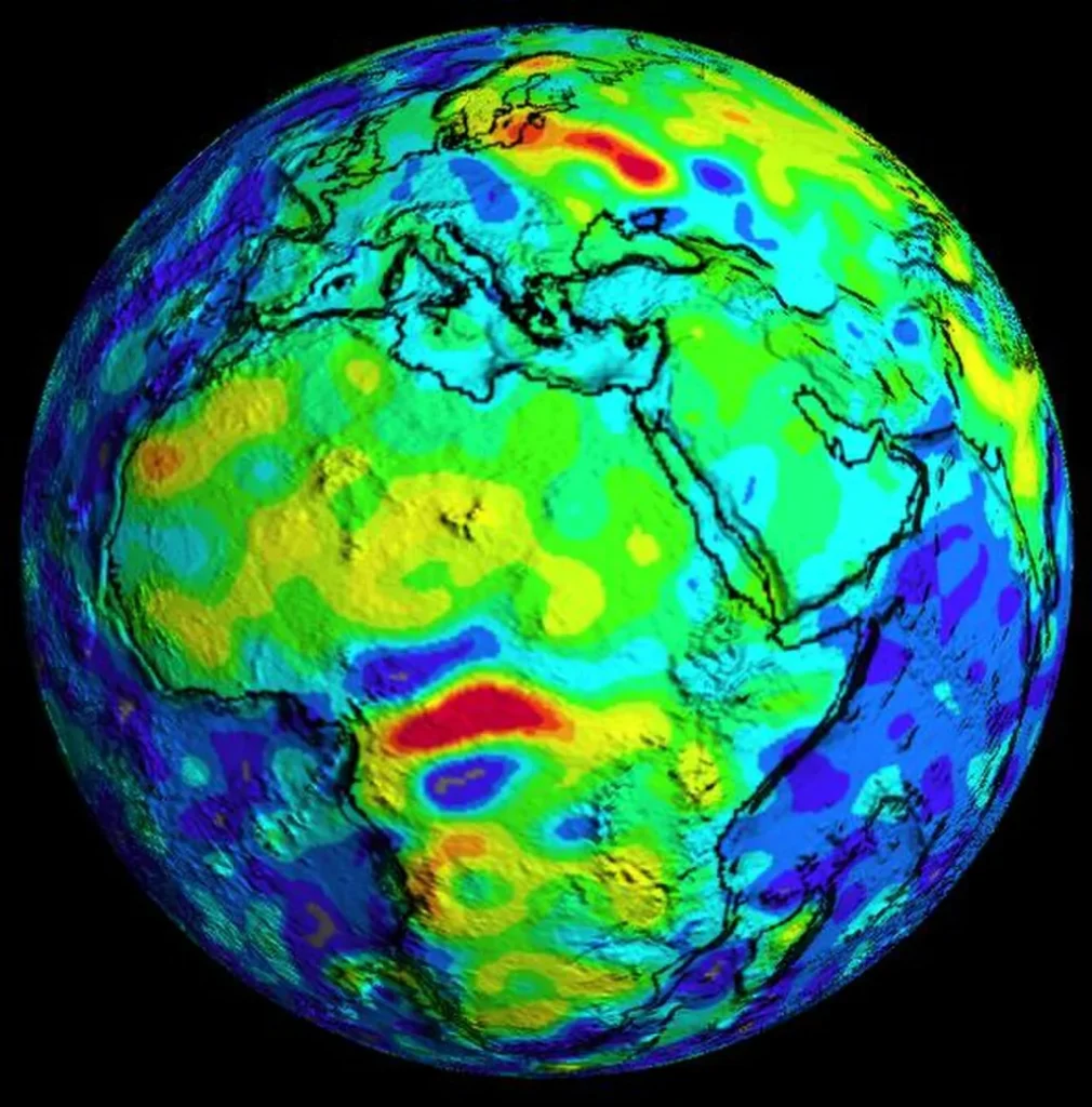 Mapa satélite de la intensidad del campo magnético terrestre en África central: la anomalía de Bangui aparece como una zona de alta intensidad sobre la República Centroafricana.