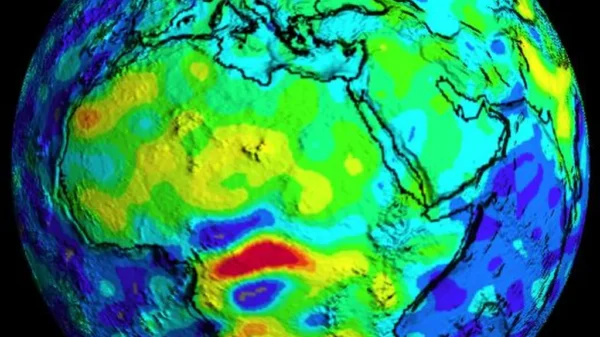 Mapa satélite de la intensidad del campo magnético terrestre en África central: la anomalía de Bangui aparece como una zona de alta intensidad sobre la República Centroafricana.