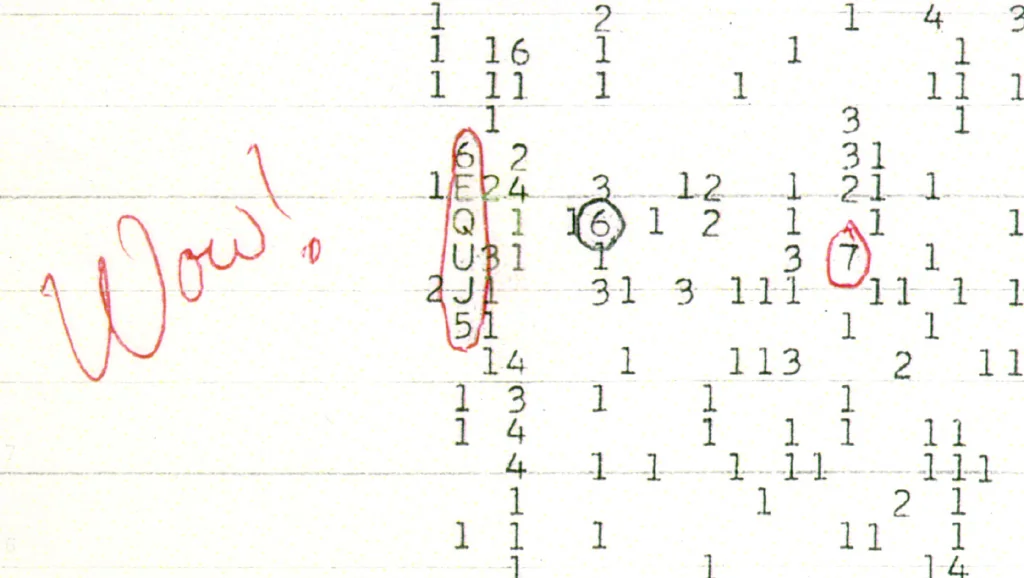 Impresión original del radiotelescopio Big Ear con la secuencia 6EQUJ5 y la anotación Wow! escrita a mano por Jerry R. Ehman