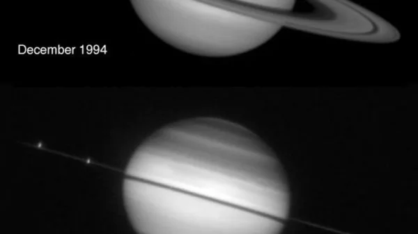 Saturno con los anillos vistos casi de canto