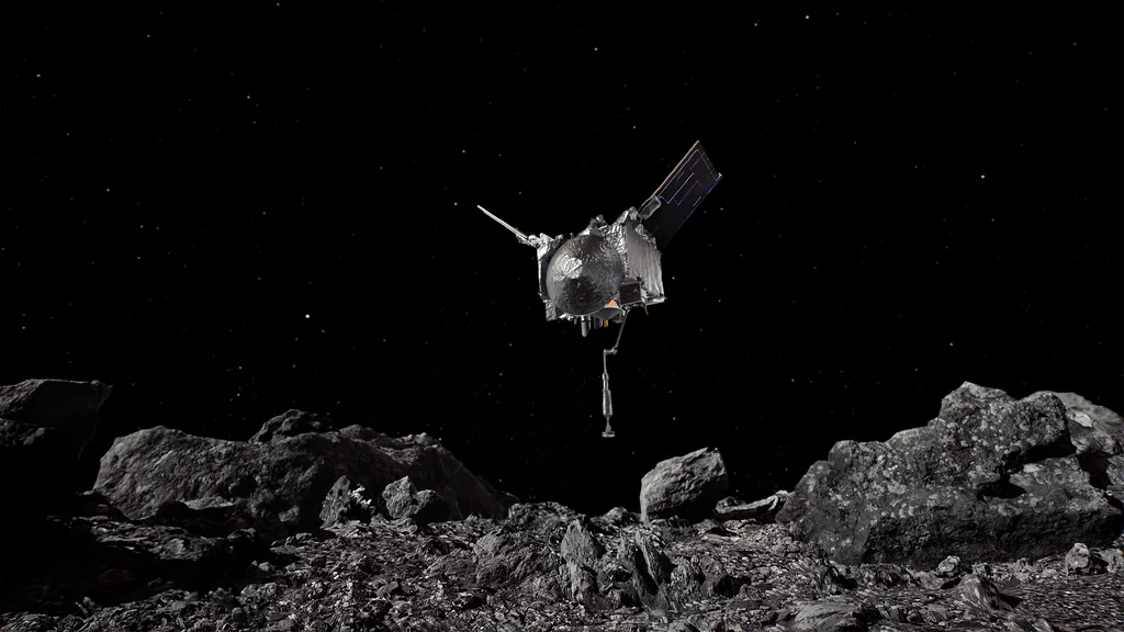Visualización oficial de NASA de la nave OSIRIS-REx descendiendo hacia el asteroide Bennu