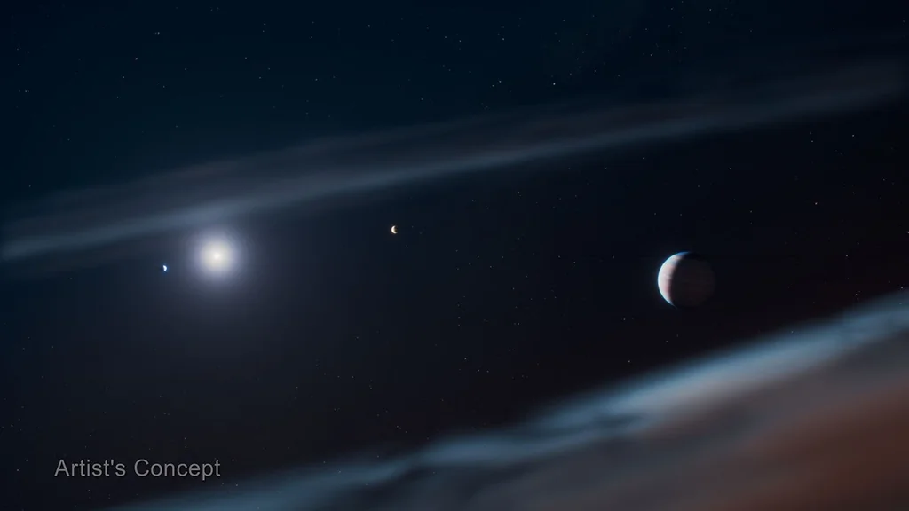 Ilustración oficial del sistema Beta Pictoris con sus planetas conocidos