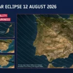 Mapa de totalidad del eclipse solar del 12 de agosto de 2026 sobre la Península Ibérica y Baleares, publicado por la ESA y la NASA