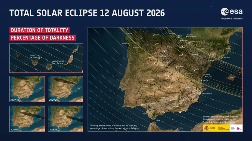 Mapa de totalidad del eclipse solar del 12 de agosto de 2026 sobre la Península Ibérica y Baleares, publicado por la ESA y la NASA