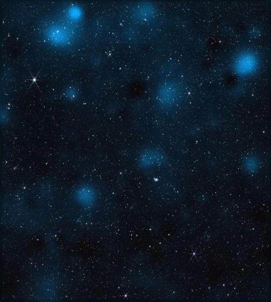 Mapa de materia oscura elaborado con el telescopio James Webb: las zonas azules más brillantes indican mayor densidad de materia oscura sobre un campo de galaxias.