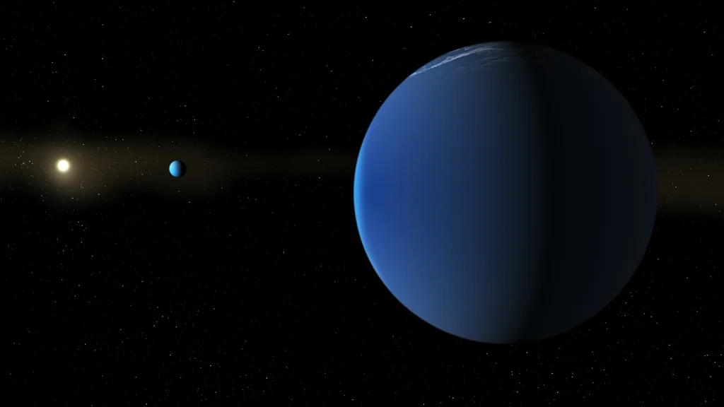 Ilustración de los super-puff TOI-791 b y TOI-791 c orbitando su estrella, con el planeta en primer plano y el astro al fondo