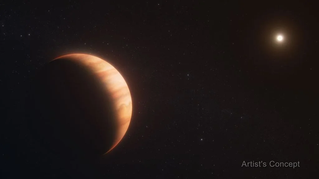 Concepto artístico del exoplaneta WD 1856 b, un gigante gaseoso naranja del tamaño de Júpiter, orbitando muy cerca de su estrella anfitriona, una enana blanca del tamaño de la Tierra.